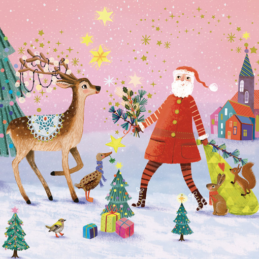 Слика на Новогодишна картичка,  Дедо Мраз со ирвас и патка - Pictura