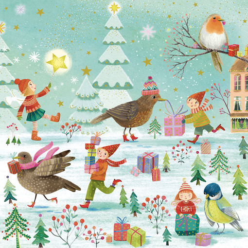 Слика на Новогодишна картичка, Птици и деца - Pictura