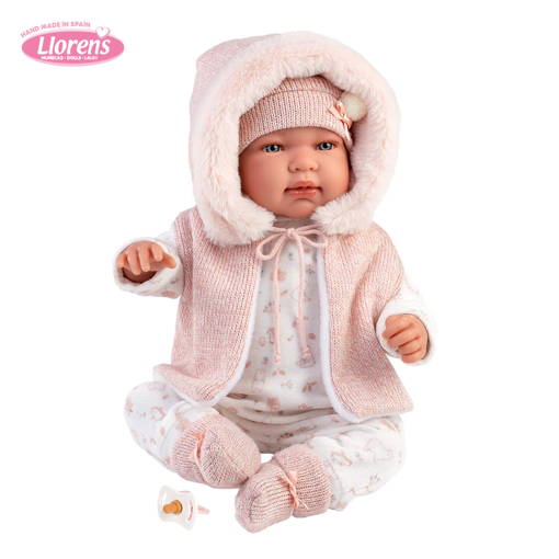 Слика на Бебе Tina со розов комбинезон со капа (плаче, вели мама и папа) 44 cm -  Llorens Dolls