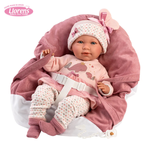 Слика на Бебе Mimo со носилка (плаче, вели мама и папа) 42 cm – Llorens Dolls