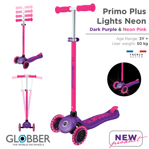 Слика на Тротинет PRIMO PLUS LIGHTS NEON (Виолетово-розов) - Globber