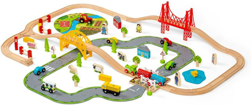 Слика на Дрвен железнички сет „Пат и Железница“ 90 парчиња – Road & Rail Train Set – Bigjigs Toys