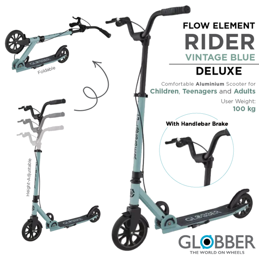 Слика на Тротинет FLOW RIDER DELUXE со закривена Т-рачка и со додатна рачна кочница (Син) - Globber